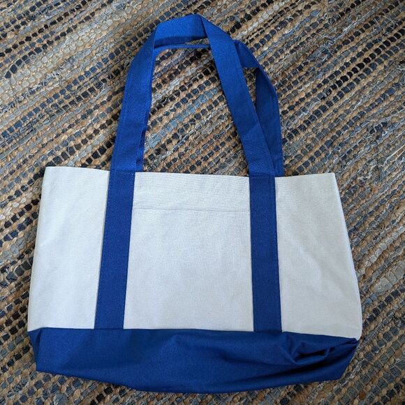 Canvas Tote Blue White Bag Reusable Washable Foldable Grocery Errand 16x10x6 Sat - Picture 3 of 8